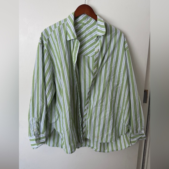 Aerie Green Blue and White Striped Button-Up Shirt - Picture 3 of 5